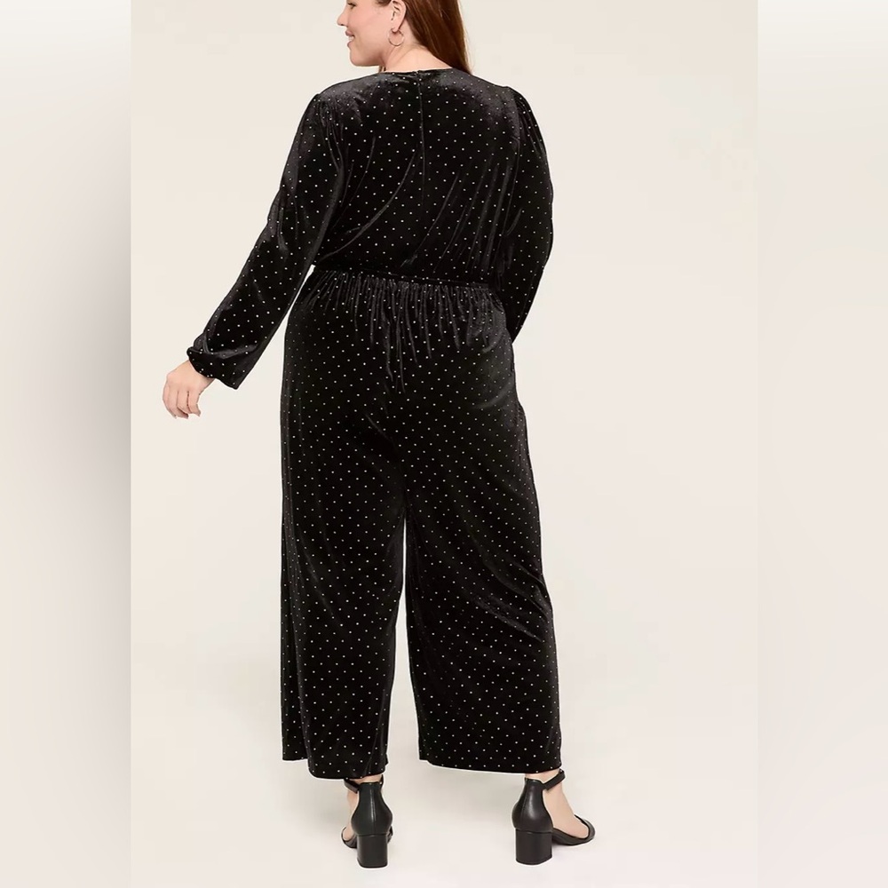 Lane Bryant Embellished Black Velvet & Gold Studded Shirred-Shoulder Jumpsuit - Picture 3 of 7